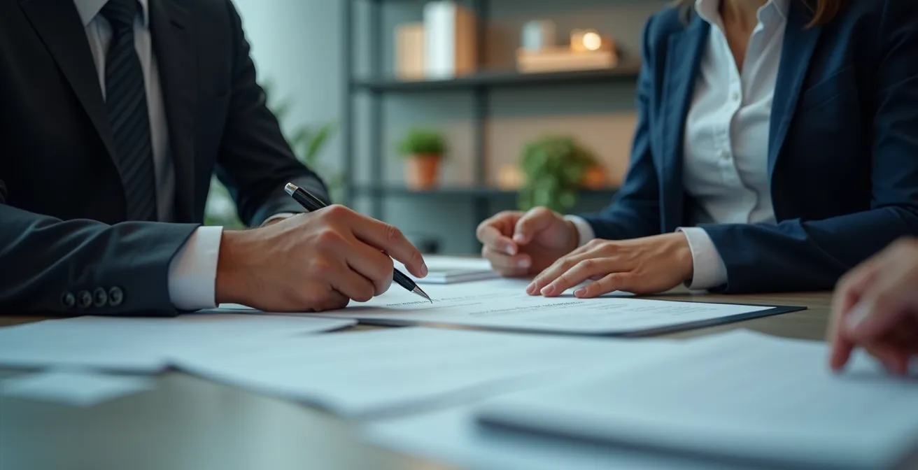 Illustration montrant un dirigeant consultant rapidement un avocat avec documents juridiques en main