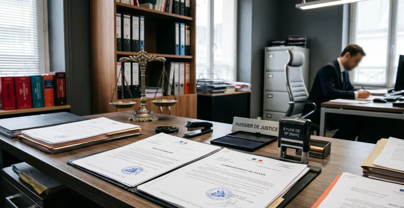 Bureau d'huissier de justice avec documents officiels (mise en demeure, commandement de payer), tampon et codes juridiques