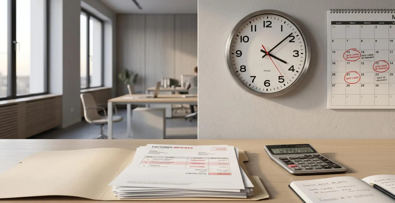 Bureau professionnel avec horloge murale, dossier de factures impayées, calculatrice et calendrier affichant des échéances surlignées en rouge