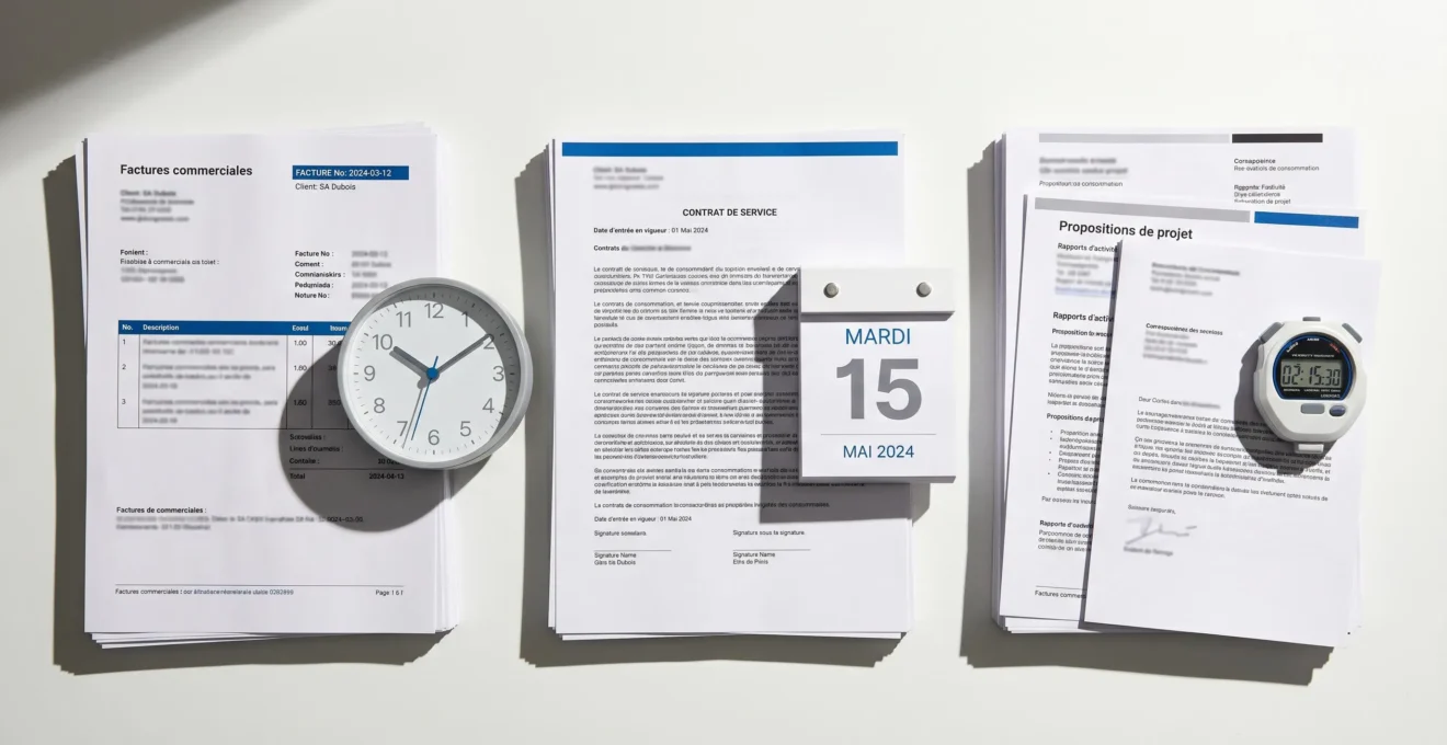 Trois piles de documents professionnels organisées avec éléments de mesure du temps (horloge, calendrier, chronomètre) illustrant les différents régimes de prescription