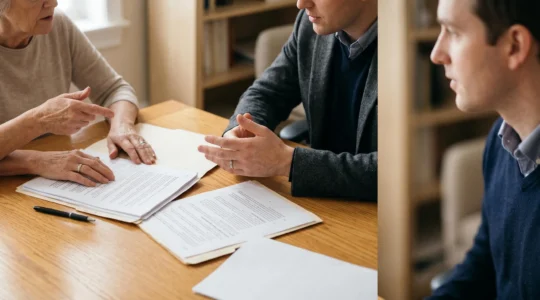 Consultation juridique personnalisée entre un avocat et son client dans un environnement professionnel