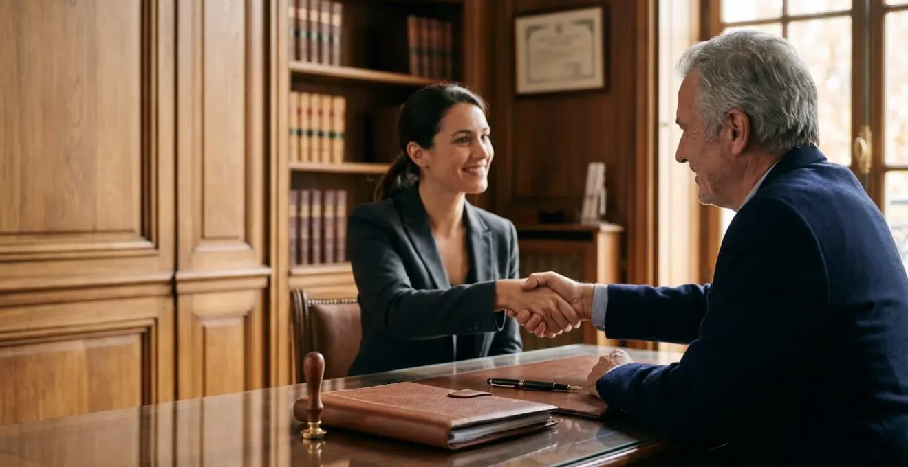 Stylo de notaire posé sur une table en bois avec un sceau et des mains qui se serrent en arrière-plan, symbolisant la sécurisation d'une transaction