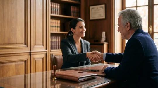 Stylo de notaire posé sur une table en bois avec un sceau et des mains qui se serrent en arrière-plan, symbolisant la sécurisation d'une transaction