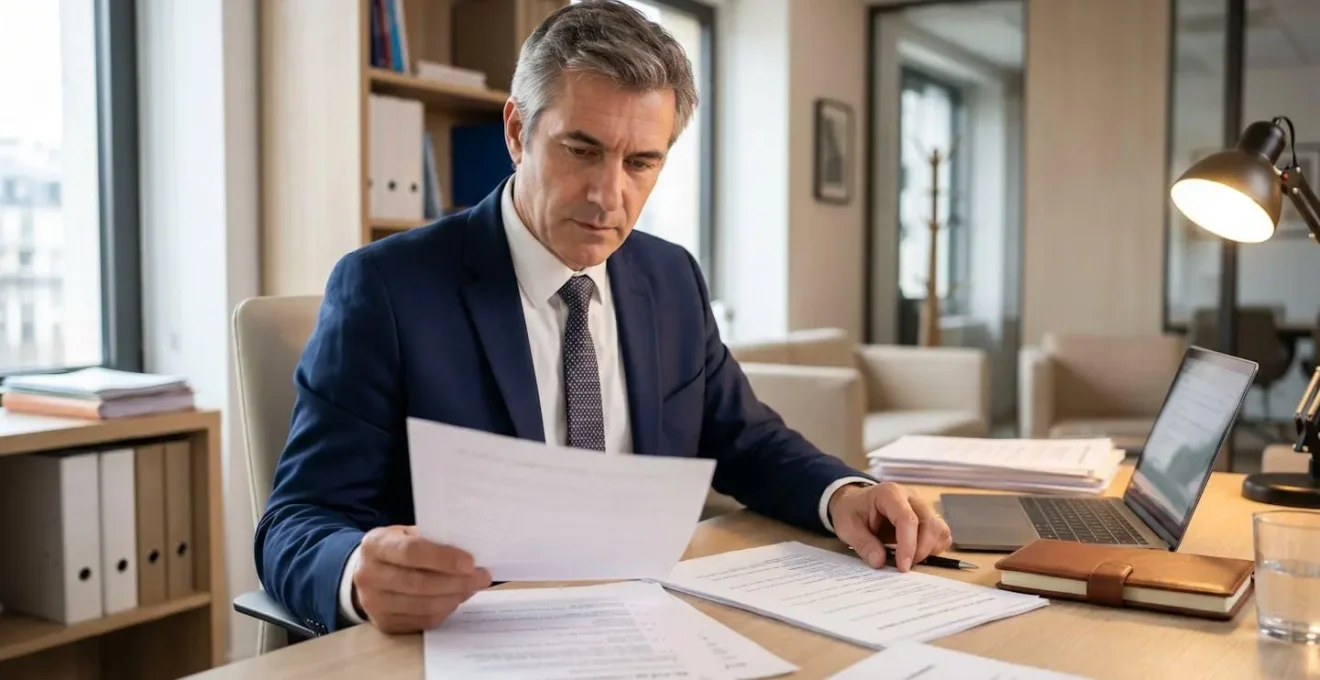 Avocat spécialisé en droit du travail analysant des preuves numériques imprimées issues d'échanges collaboratifs lors d'une consultation juridique dans son cabinet