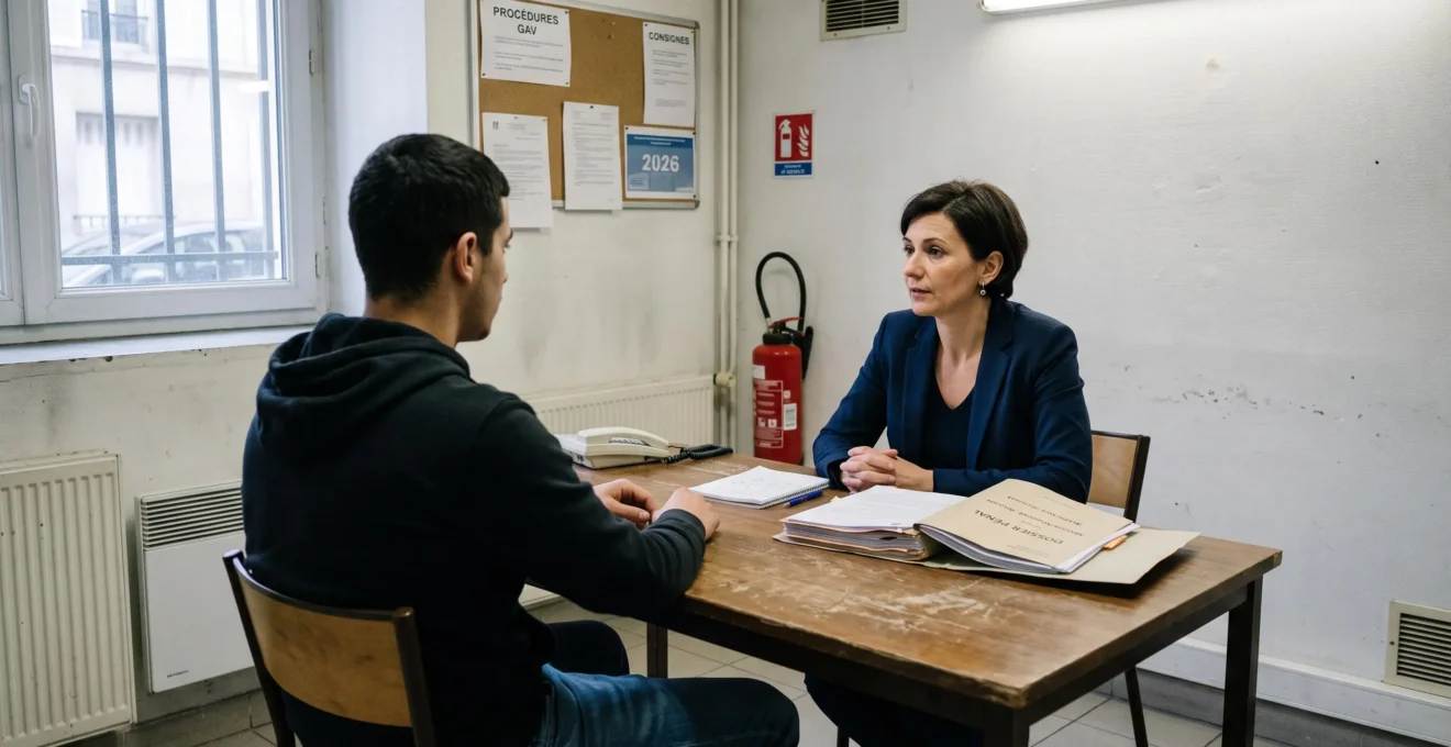 Avocat pénaliste en entretien confidentiel avec client gardé à vue dans salle dédiée d'un commissariat français, dossier ouvert sur table, posture d'écoute professionnelle