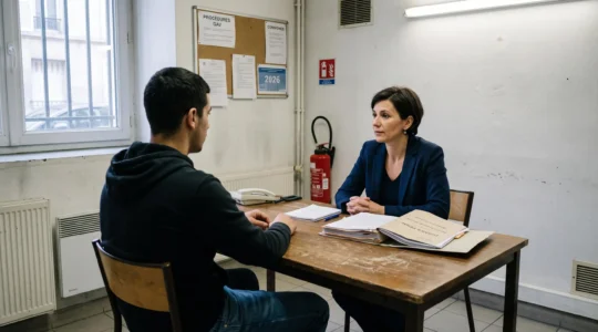 Avocat pénaliste en entretien confidentiel avec client gardé à vue dans salle dédiée d'un commissariat français, dossier ouvert sur table, posture d'écoute professionnelle