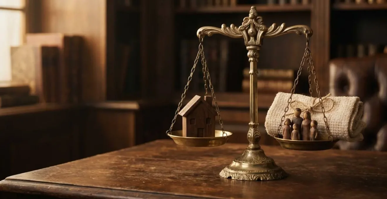 Balance symbolique représentant l'équilibre entre le droit, la famille et le patrimoine dans une analyse juridique globale
