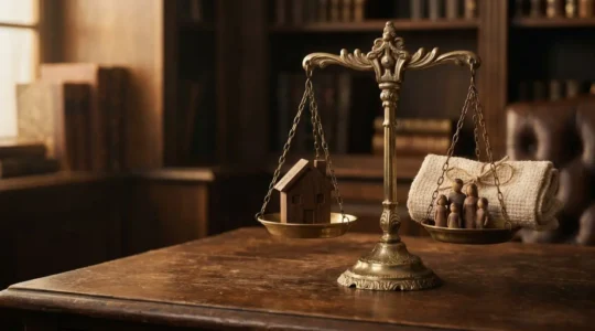 Balance symbolique représentant l'équilibre entre le droit, la famille et le patrimoine dans une analyse juridique globale