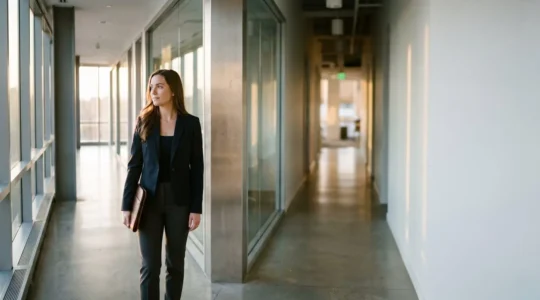Un professionnel du droit debout a la croisee de plusieurs couloirs symbolisant les nouvelles niches juridiques qui recrutent
