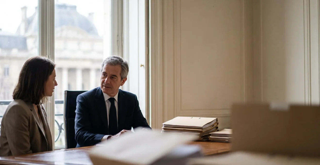 Avocat et client échangeant dans un cabinet lumineux avant une audience en France
