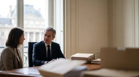 Avocat et client échangeant dans un cabinet lumineux avant une audience en France