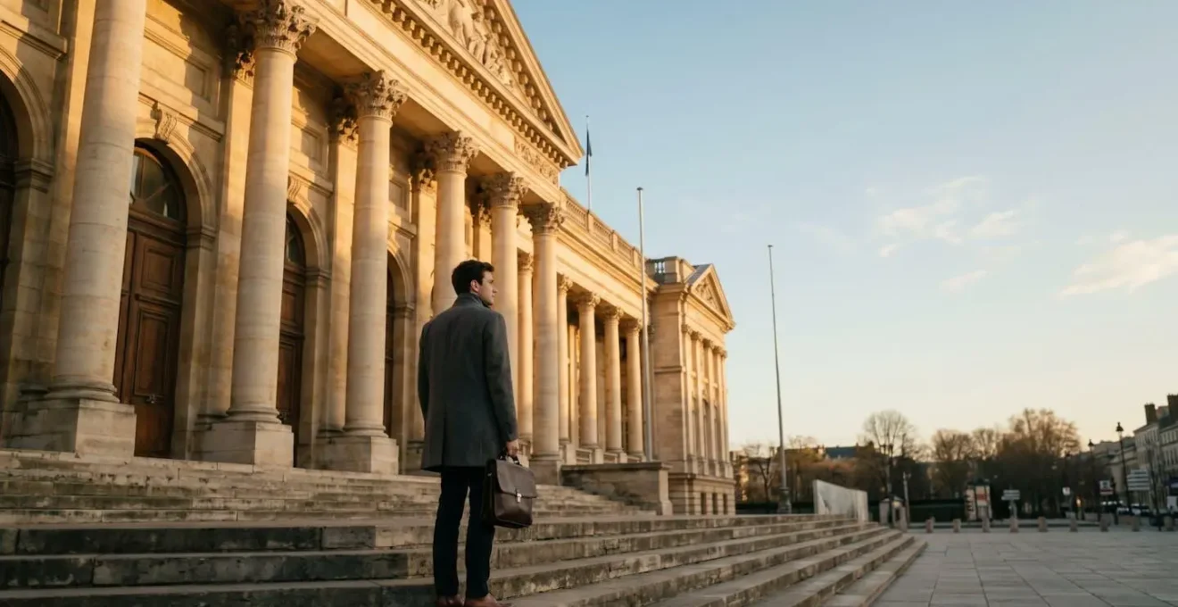 Un candidat de dos face à un imposant bâtiment administratif français, symbolisant l'entrée dans la haute fonction publique de catégorie A