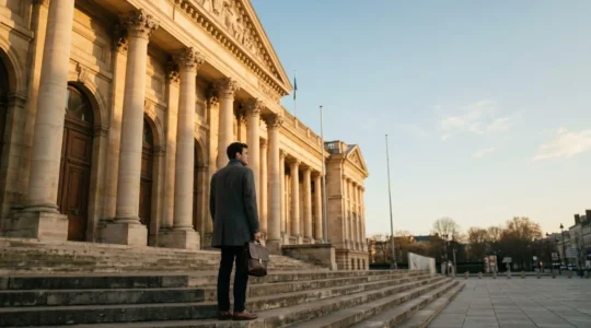 Un candidat de dos face à un imposant bâtiment administratif français, symbolisant l'entrée dans la haute fonction publique de catégorie A
