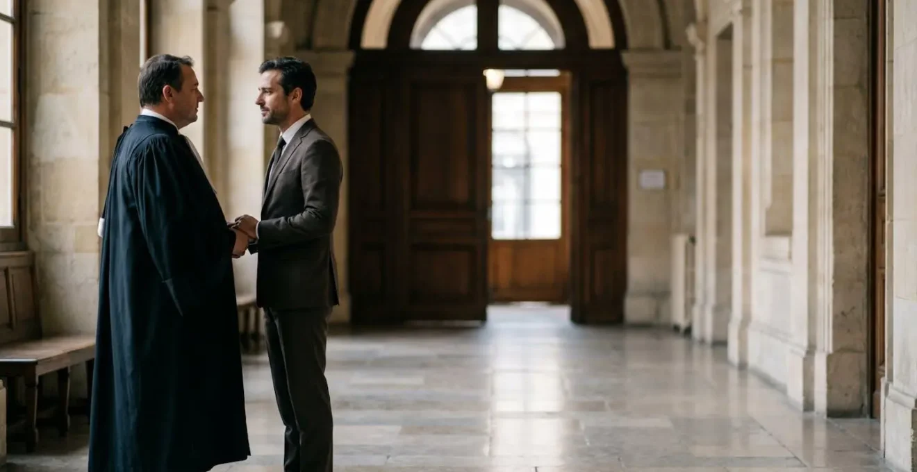 Avocat et client échangeant un regard de confiance juste avant une audience devant un tribunal