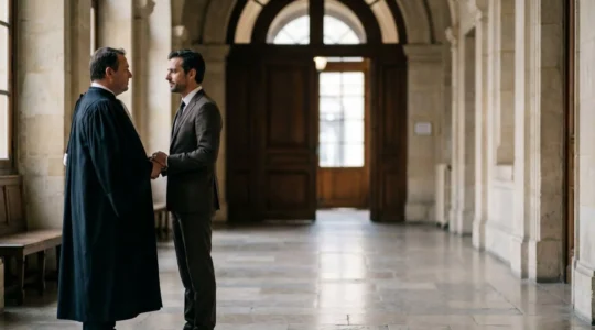 Avocat et client échangeant un regard de confiance juste avant une audience devant un tribunal