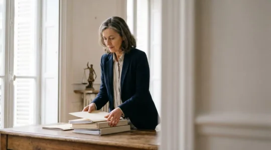 Dirigeant d'entreprise français consultant des documents de conformité dans un bureau lumineux, symbolisant la mise en conformité légale