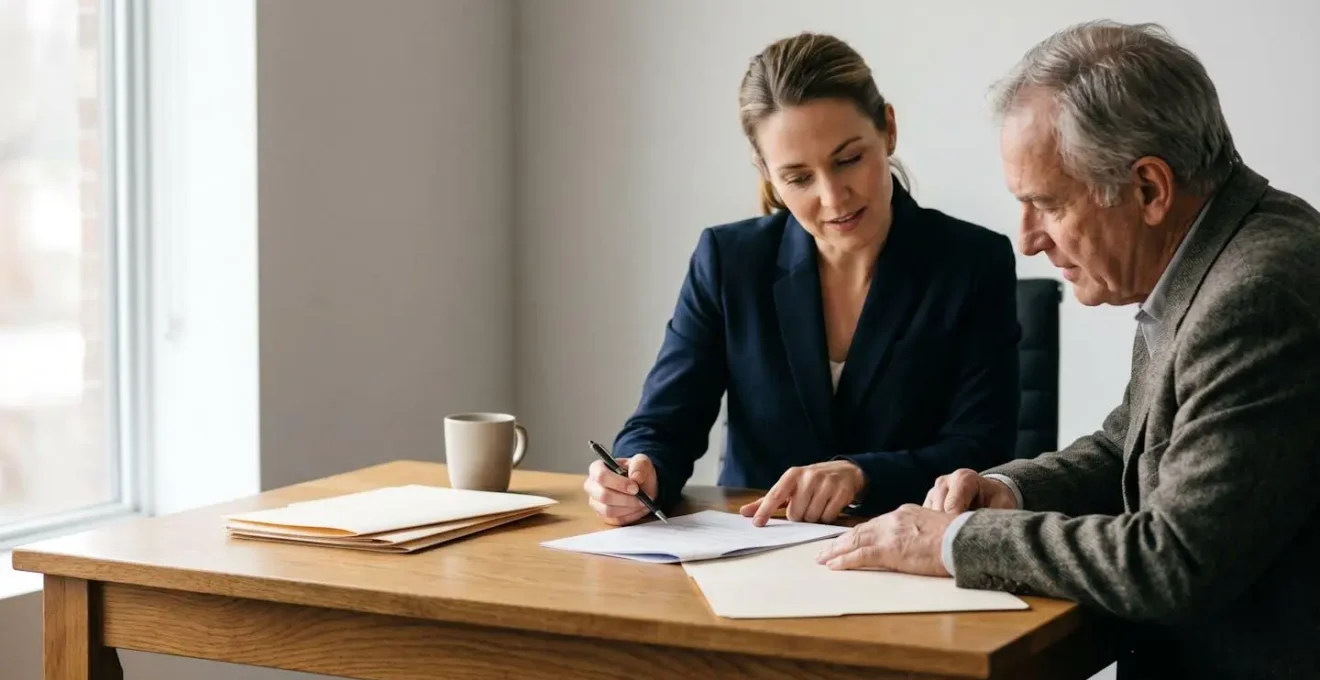 Professionnel du droit consultant des documents avec un client dans une ambiance de confiance et de confidentialité