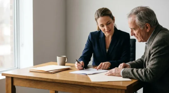 Professionnel du droit consultant des documents avec un client dans une ambiance de confiance et de confidentialité