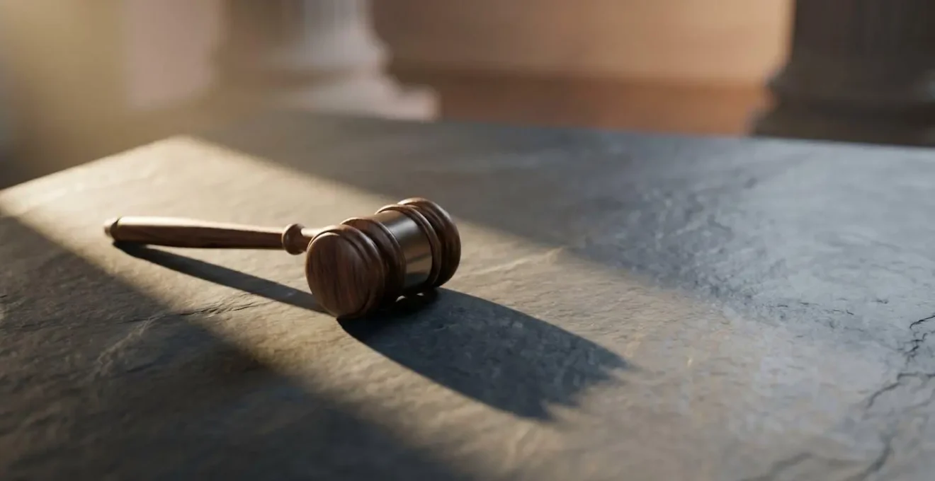 Symbole visuel abstrait de la contestation d'une decision administrative face a la justice