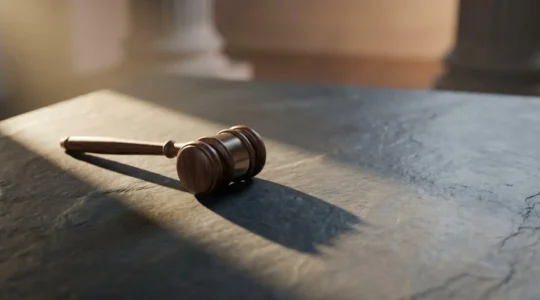 Symbole visuel abstrait de la contestation d'une decision administrative face a la justice