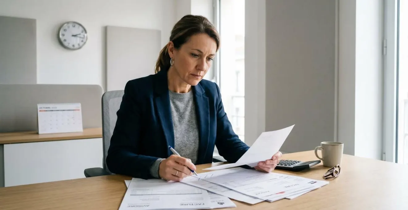 Dirigeant concentré à son bureau vérifiant des dates sur des factures impayées avec horloge visible en arrière-plan
