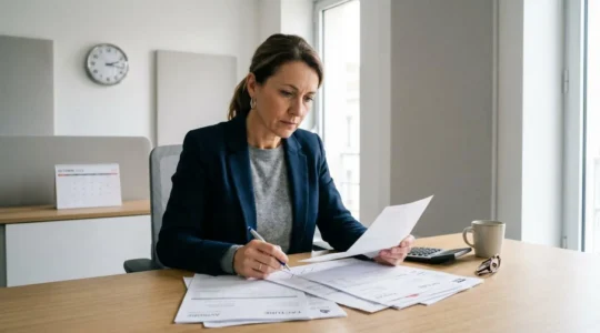 Dirigeant concentré à son bureau vérifiant des dates sur des factures impayées avec horloge visible en arrière-plan