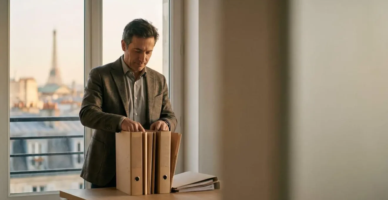 Dirigeant d'entreprise française consultant sereinement des documents juridiques dans un bureau lumineux, symbole de maîtrise des obligations légales