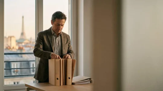 Dirigeant d'entreprise française consultant sereinement des documents juridiques dans un bureau lumineux, symbole de maîtrise des obligations légales
