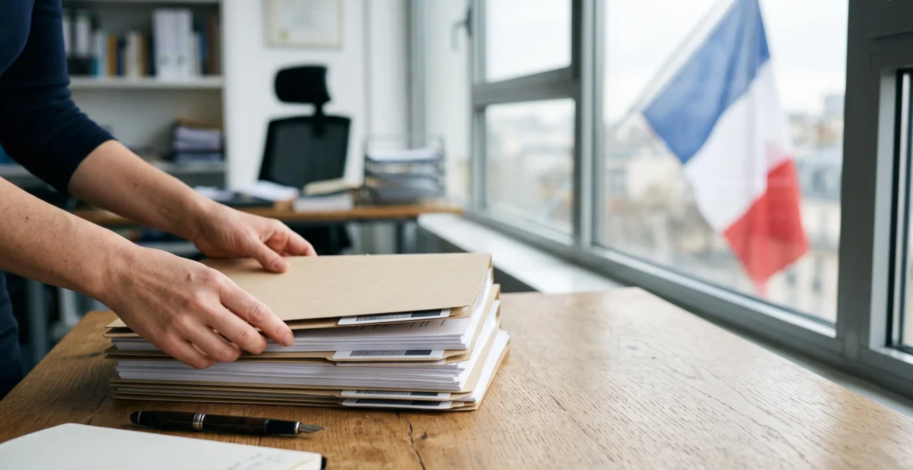 Mains assemblant avec soin un dossier administratif de naturalisation française, symbole de rigueur et de preparation