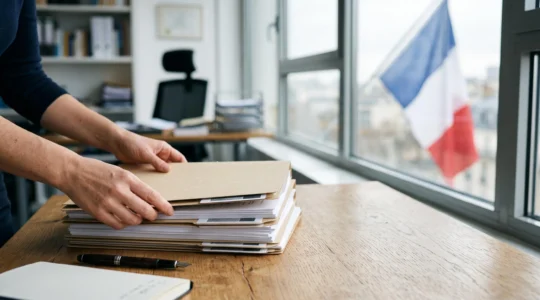 Mains assemblant avec soin un dossier administratif de naturalisation française, symbole de rigueur et de preparation
