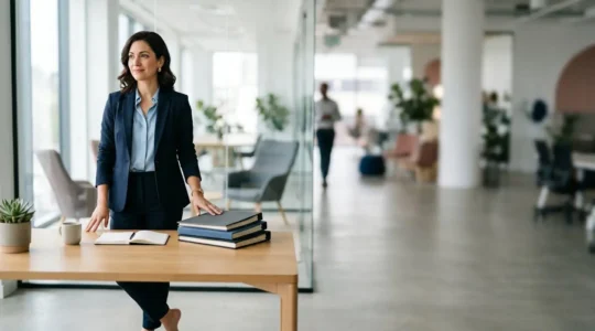 Salarié serein debout dans un bureau lumineux, illustrant l'équilibre entre défendre ses droits et préserver son emploi