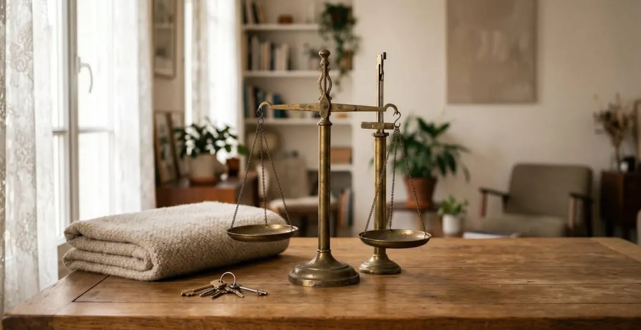 Symbole visuel de la balance de la justice fondue dans le decor intime d un foyer francais, illustrant comment le droit prive protege la vie quotidienne