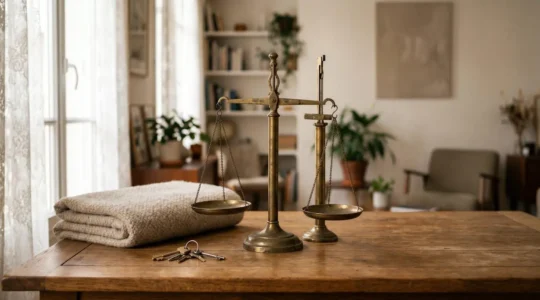 Symbole visuel de la balance de la justice fondue dans le decor intime d un foyer francais, illustrant comment le droit prive protege la vie quotidienne