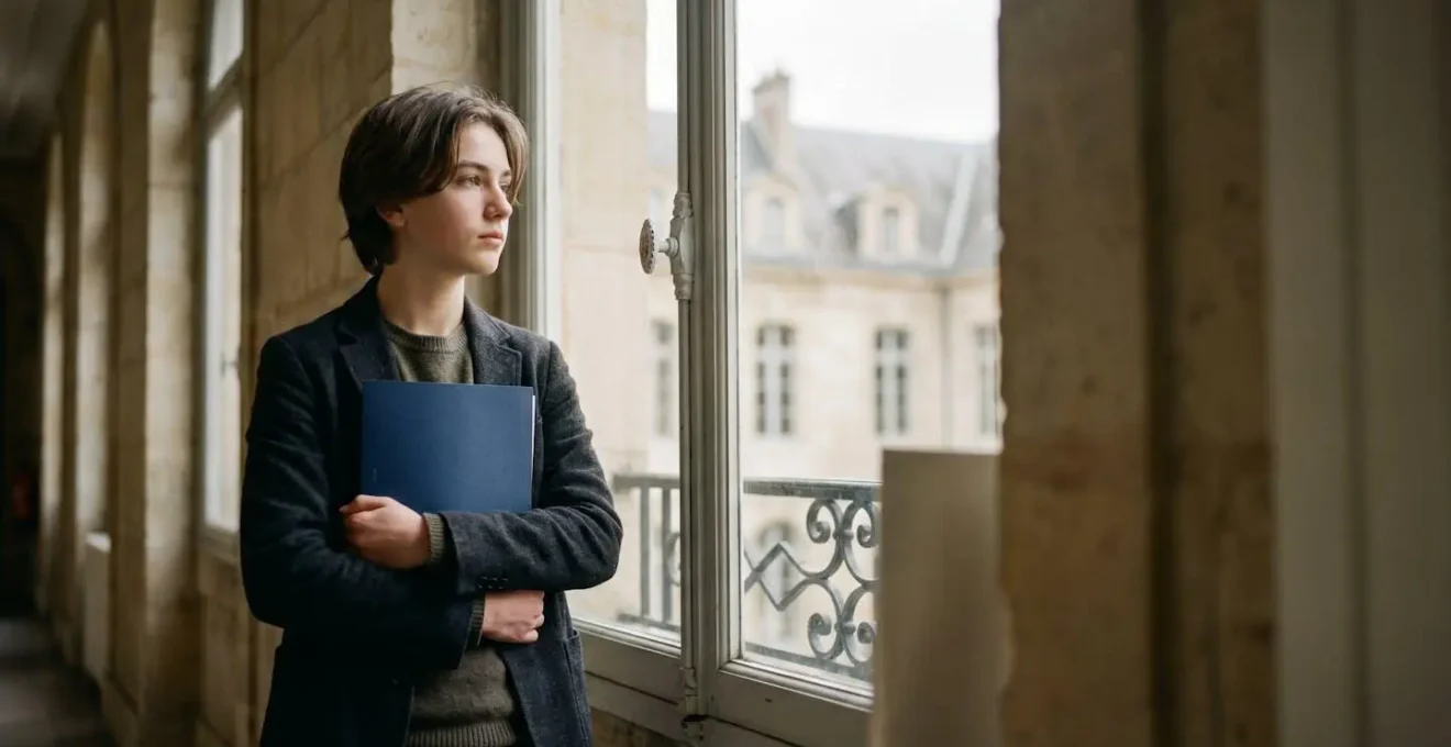Jeune lycéen français pensif tenant des dossiers d'orientation, symbolisant le choix de la filière vers les études de droit