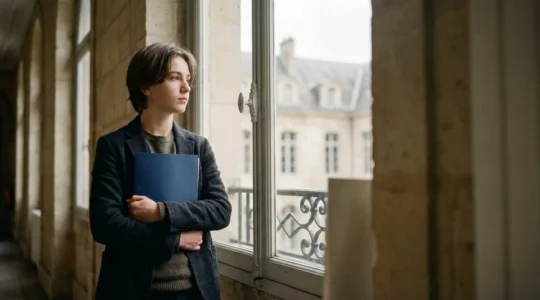 Jeune lycéen français pensif tenant des dossiers d'orientation, symbolisant le choix de la filière vers les études de droit
