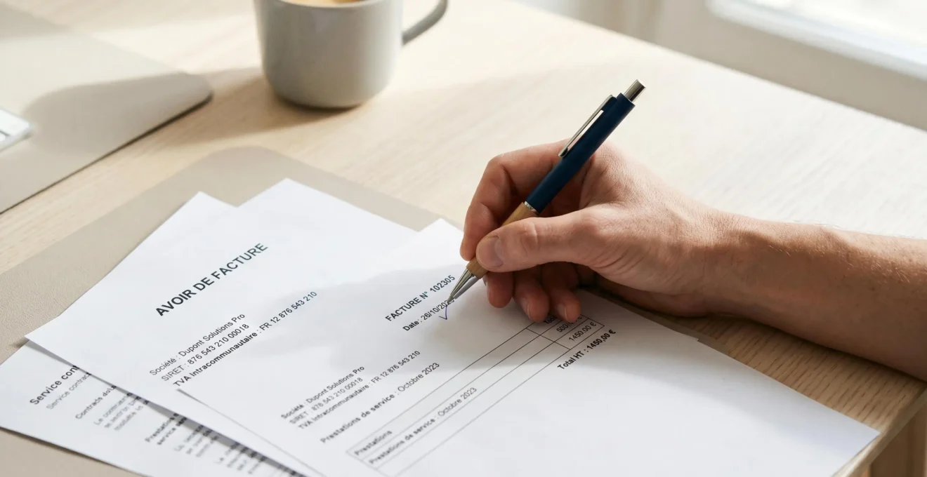 Gros plan d'une main annotant une date sur une facture professionnelle française avec stylo