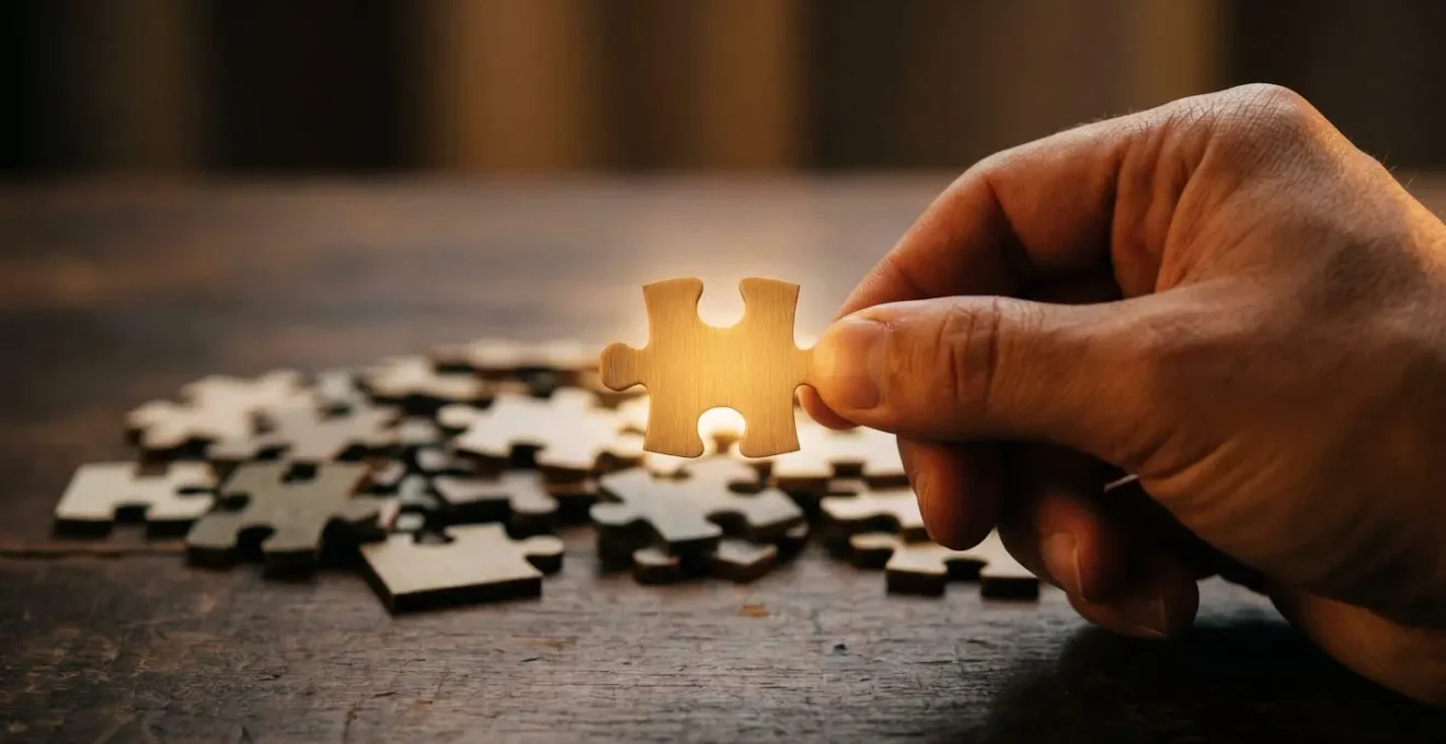 Personne tenant une pièce de puzzle lumineuse au-dessus d'un ensemble de pièces désassorties, symbolisant la recherche du juriste parfaitement adapté