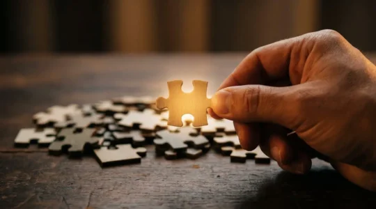 Personne tenant une pièce de puzzle lumineuse au-dessus d'un ensemble de pièces désassorties, symbolisant la recherche du juriste parfaitement adapté