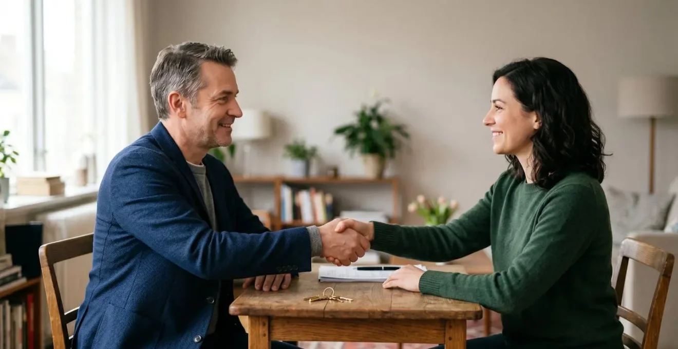 Un locataire et un proprietaire se serrent la main autour d'une table apres un accord amiable, illustrant la resolution d'un conflit locatif sans passer par le tribunal.