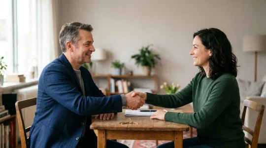 Un locataire et un proprietaire se serrent la main autour d'une table apres un accord amiable, illustrant la resolution d'un conflit locatif sans passer par le tribunal.