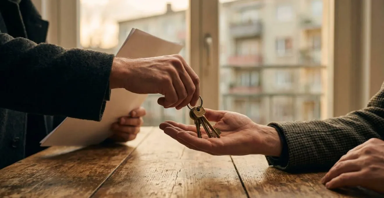 Photographie editoriale illustrant la negociation entre proprietaire et locataire autour d'un loyer impaye, symbolisee par un echange de cles