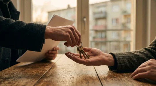 Photographie editoriale illustrant la negociation entre proprietaire et locataire autour d'un loyer impaye, symbolisee par un echange de cles