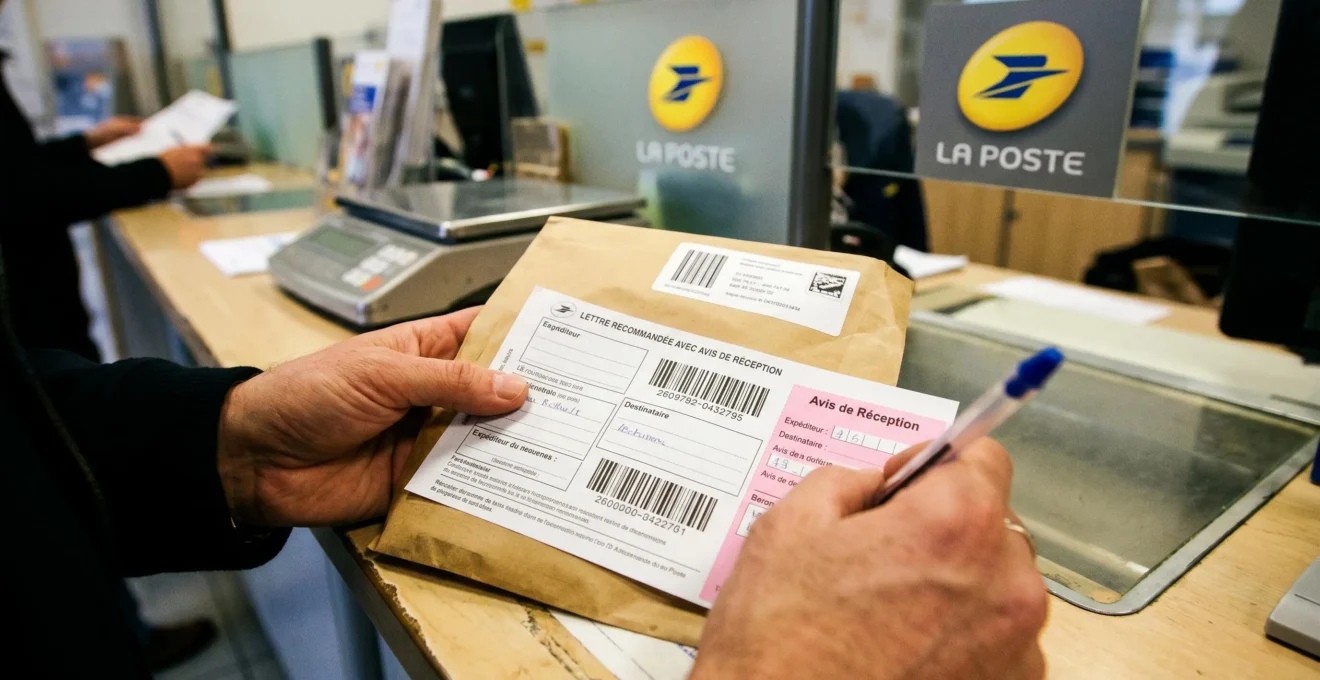 Mains déposant une enveloppe recommandée avec AR au guichet d'un bureau de poste français