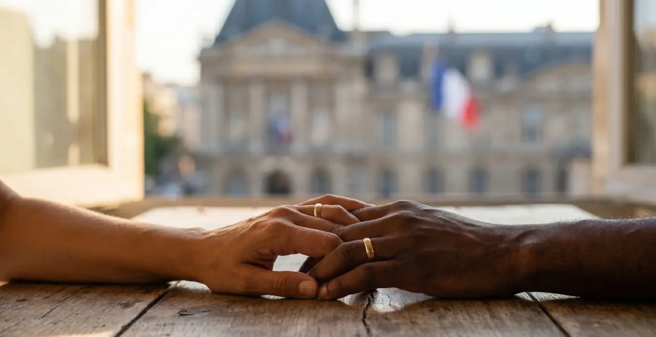 Mains de deux personnes entrelacées portant des alliances, symbolisant la sincérité d'une union face à un soupçon administratif
