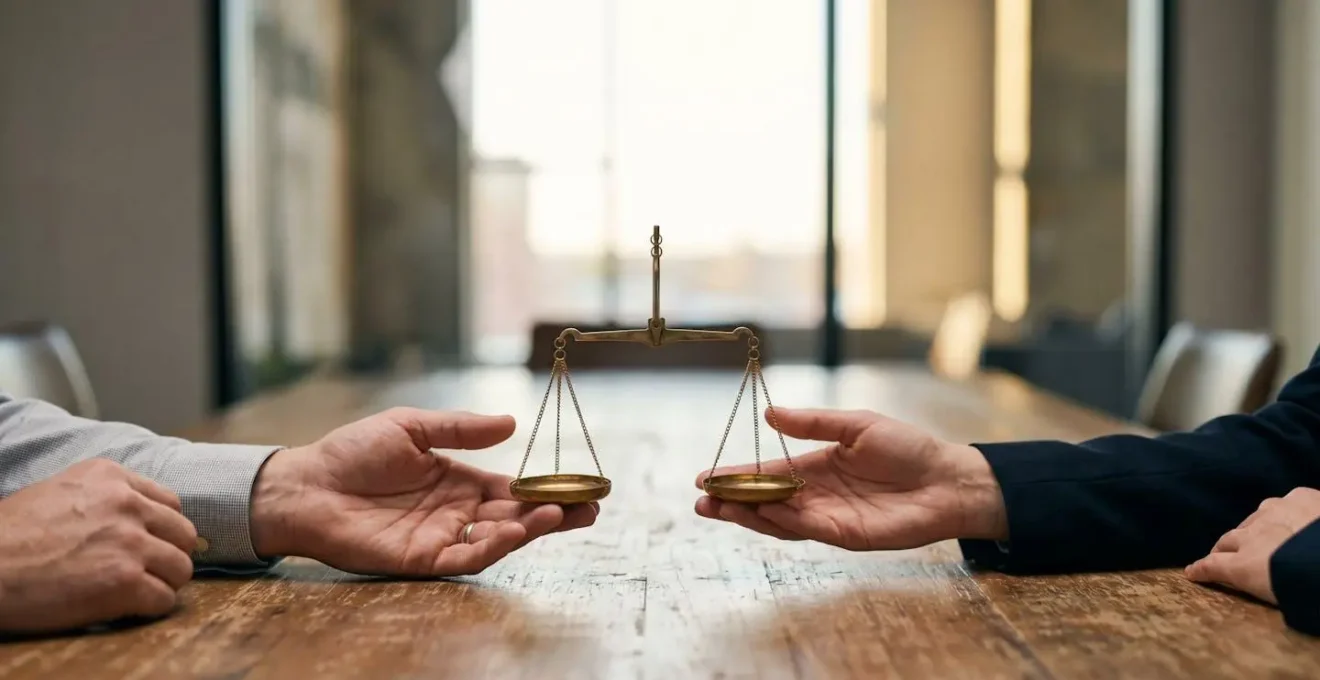 Deux mains posant delicatement une balance en equilibre au-dessus d'une table de negociation, symbolisant un contrat equilibre entre les parties
