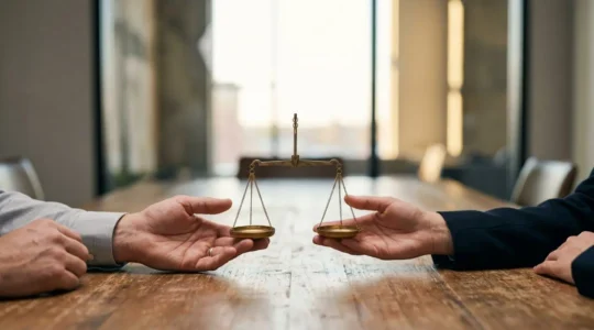 Deux mains posant delicatement une balance en equilibre au-dessus d'une table de negociation, symbolisant un contrat equilibre entre les parties