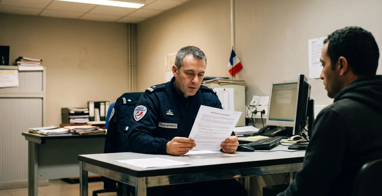 Officier de police judiciaire français notifiant officiellement les droits depuis un formulaire à une personne gardée à vue dans bureau de commissariat