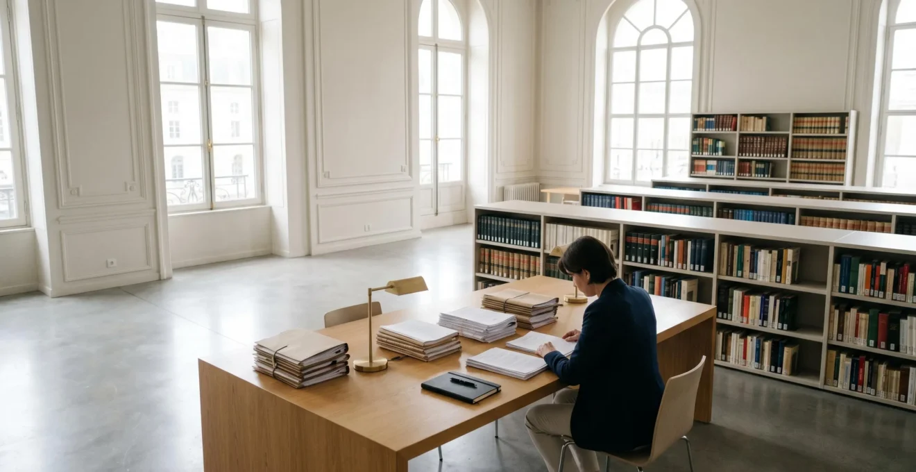 Personne consultant des documents juridiques dans une bibliothèque moderne avec lumière naturelle