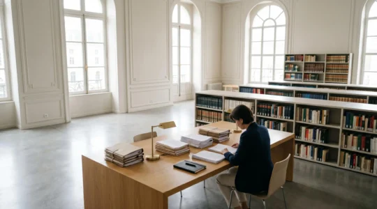Personne consultant des documents juridiques dans une bibliothèque moderne avec lumière naturelle