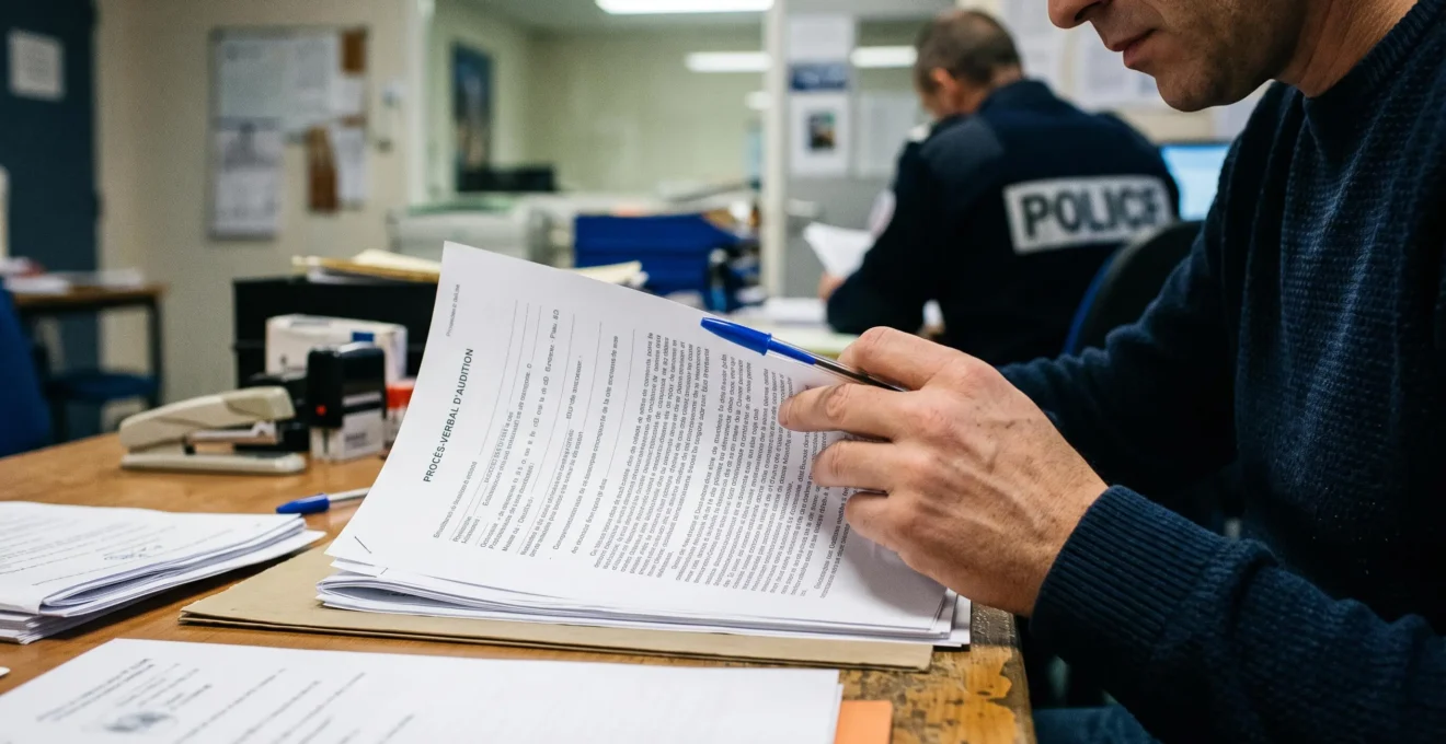 Personne relisant attentivement procès-verbal d'audition multi-pages avec stylo en main avant signature, dans bureau de commissariat français, OPJ en arrière-plan